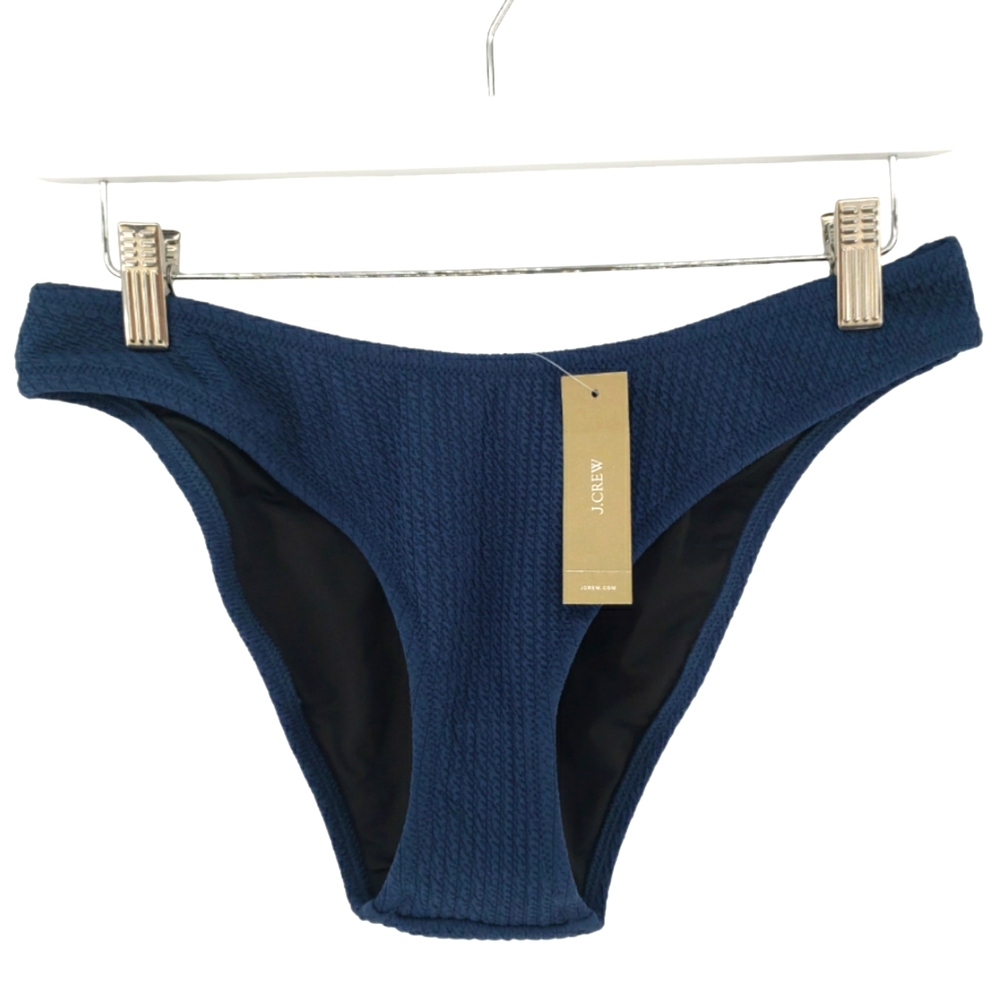 J. Crew NWT Textured Curved Waist Cheeky Bikini Bottom Size Medium in Navy
